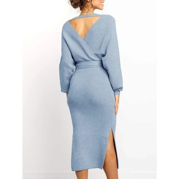 Women blue Wrap Maxi Sweater Dress V Neck Batwing Slit Open Back Bodycon Belt - Picture 3 of 7